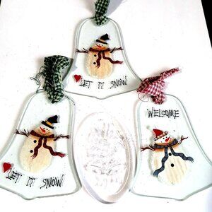 Set Of 4 Vintage Christmas Ornaments With Snowman & Bell Designs